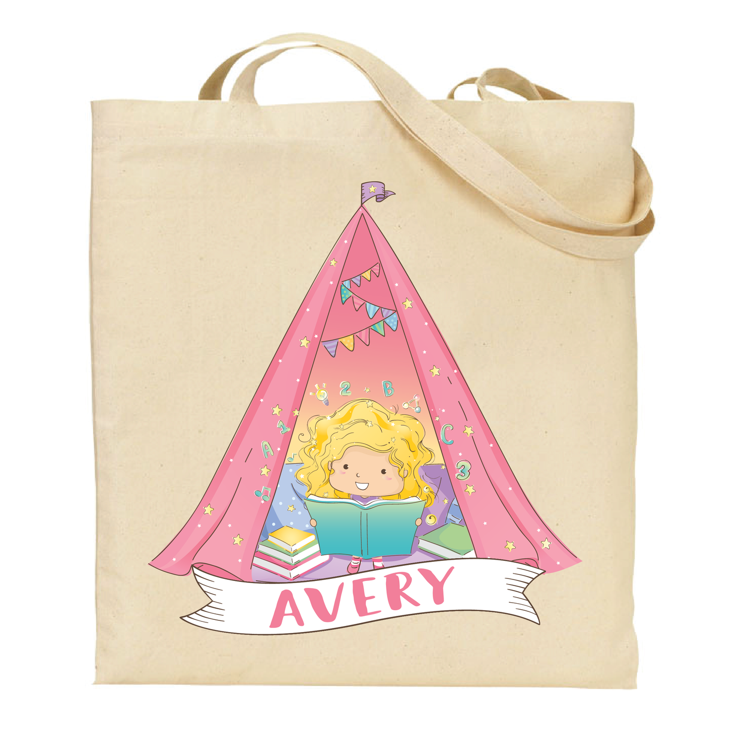 tote bag with a blonde girl reading a book inside a pink tent, with 'Avery' written below.