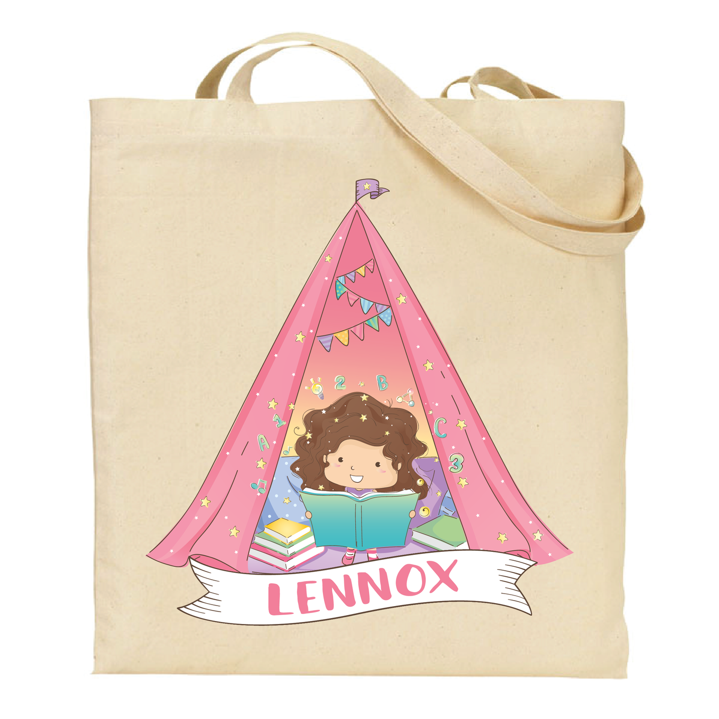 tote bag with a brunette character reading a book inside a pink tent, with 'LENNOX' text.
