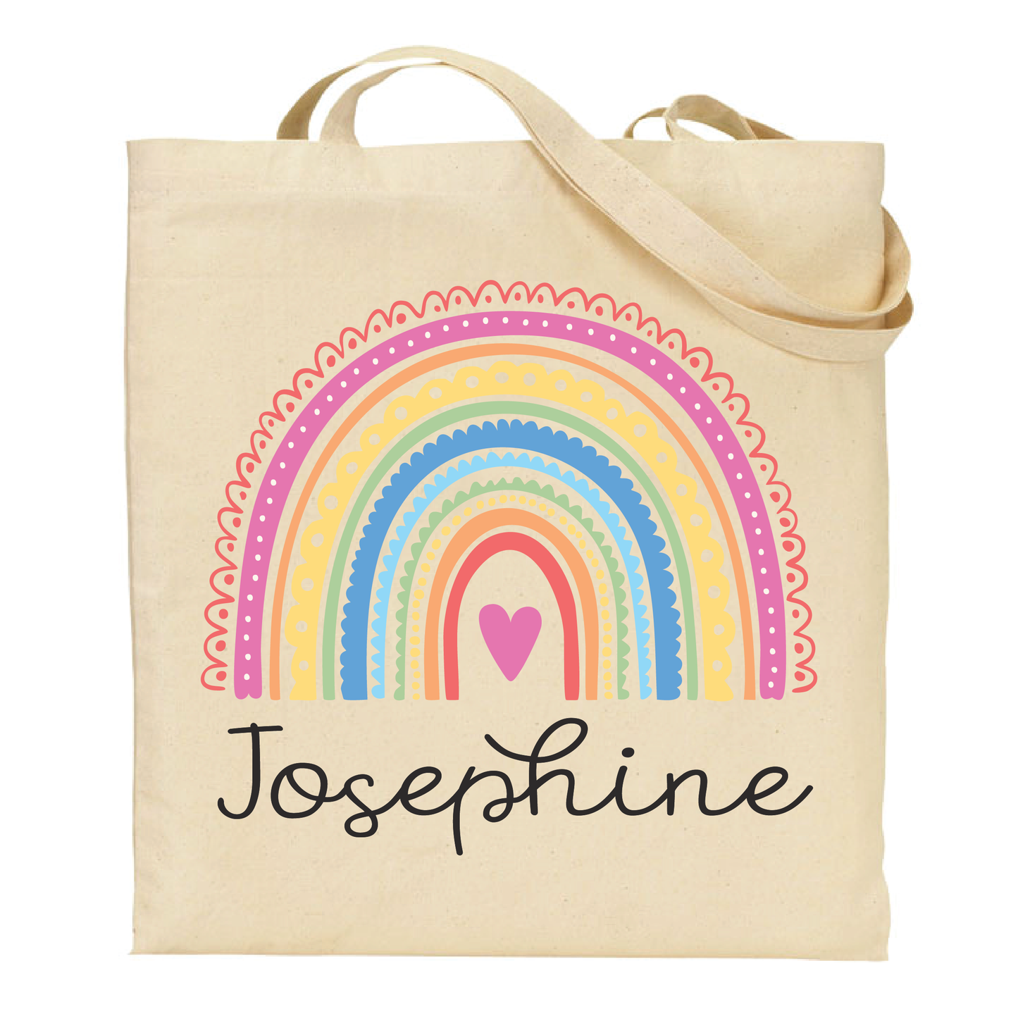 natural tote bag with a colorful rainbow and heart design, featuring the name 'Josephine'.