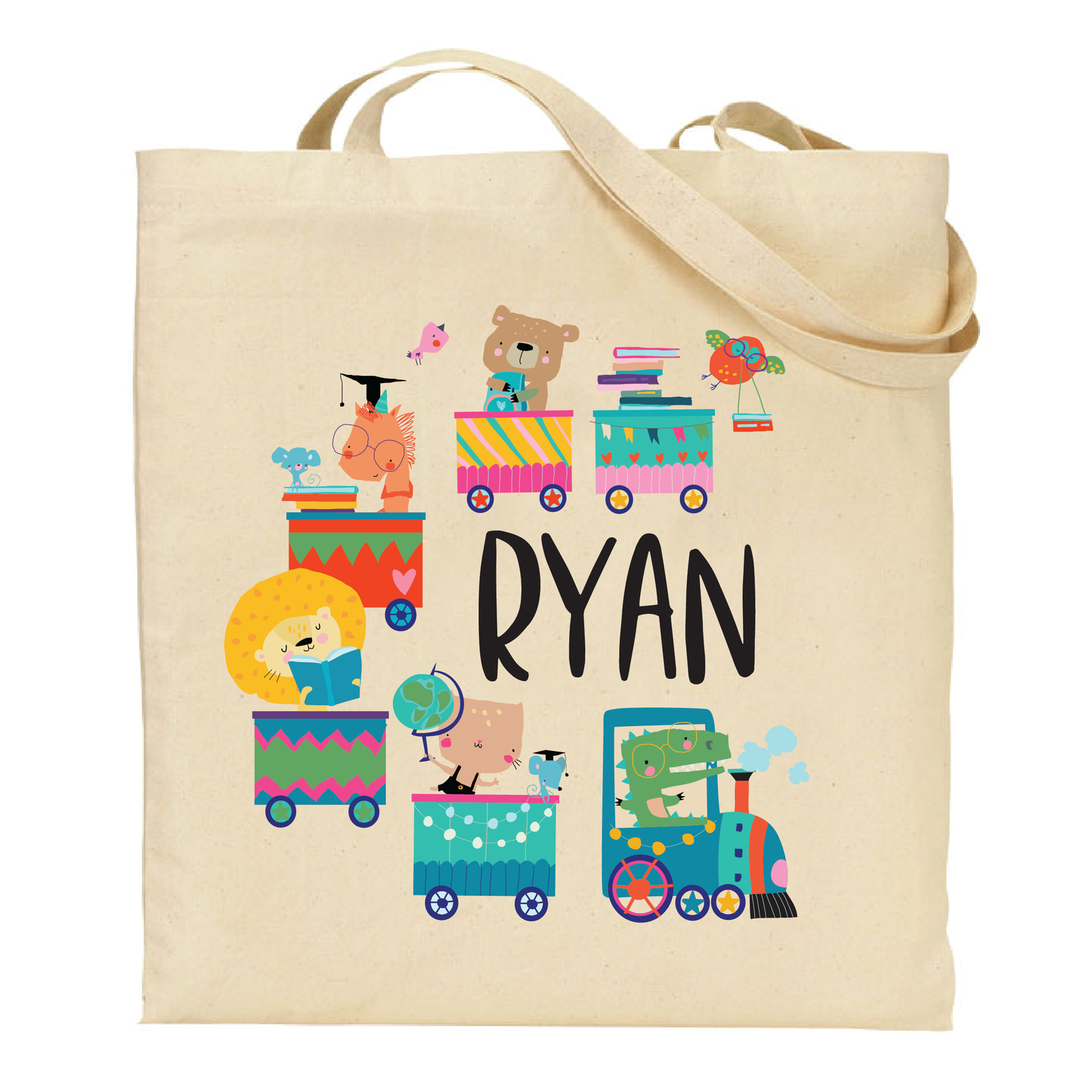 Tote bag with colorful animal-themed design and personalized name. book bag for preschool