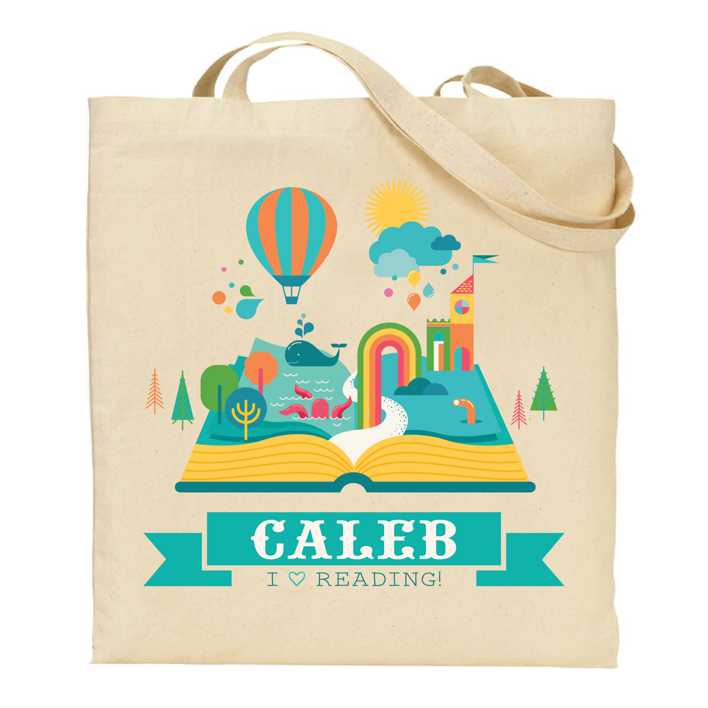 cotton tote bag with colorful illustration of an open book and 'I ❤️ Reading!' text. custom printed with name.