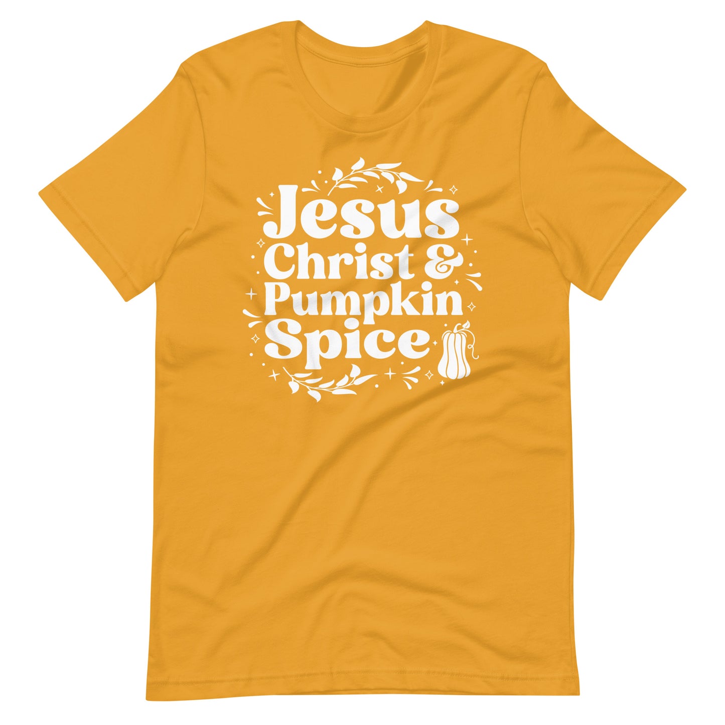 yellow t-shirt with jesus christ and pumpkin spice graphic