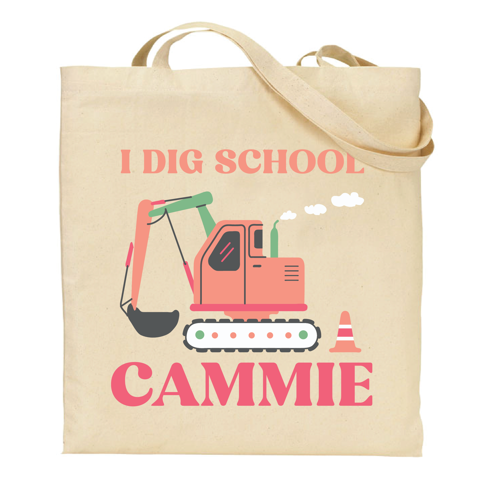 Beige tote bag with an excavator graphic and text 'I DIG SCHOOL' personalized with name