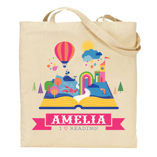 cotton tote bag with colorful illustration of an open book and 'I ❤️ Reading!' text. custom printed with name.