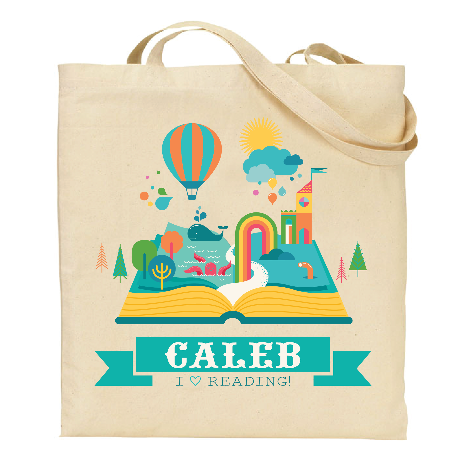 cotton tote bag with colorful illustration of an open book and 'I ❤️ Reading!' text. custom printed with name.