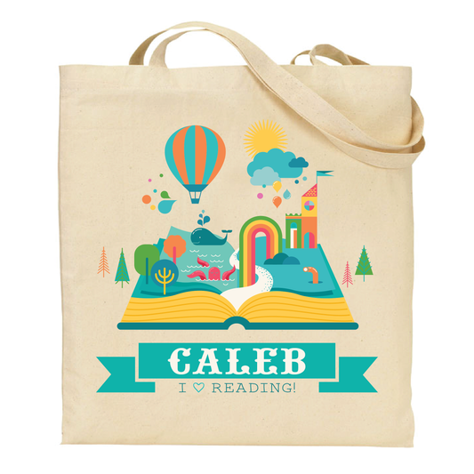 cotton tote bag with colorful illustration of an open book and 'I ❤️ Reading!' text. custom printed with name.