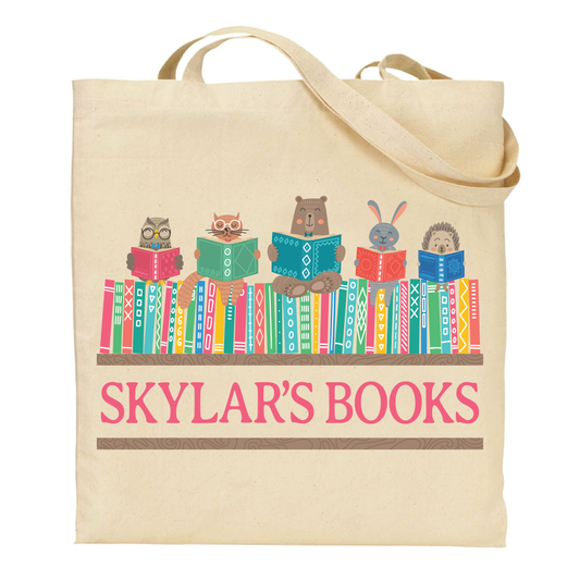 cotton tote bag with cartoon animals reading books and 'Skylar's Books' text on a white background