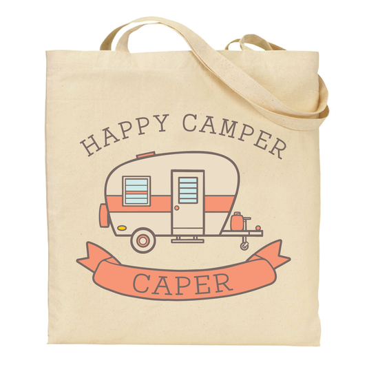 canvas tote bag with 'Happy Camper' design featuring a caravan and 'Caper' text on a white background.