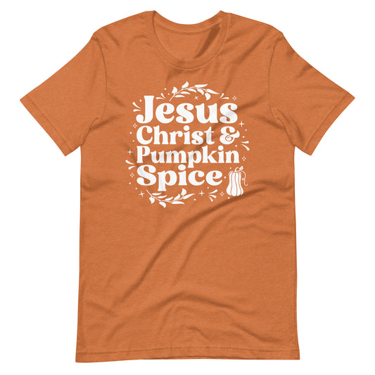 orange shirt with jesus christ and pumpkin spice graphic